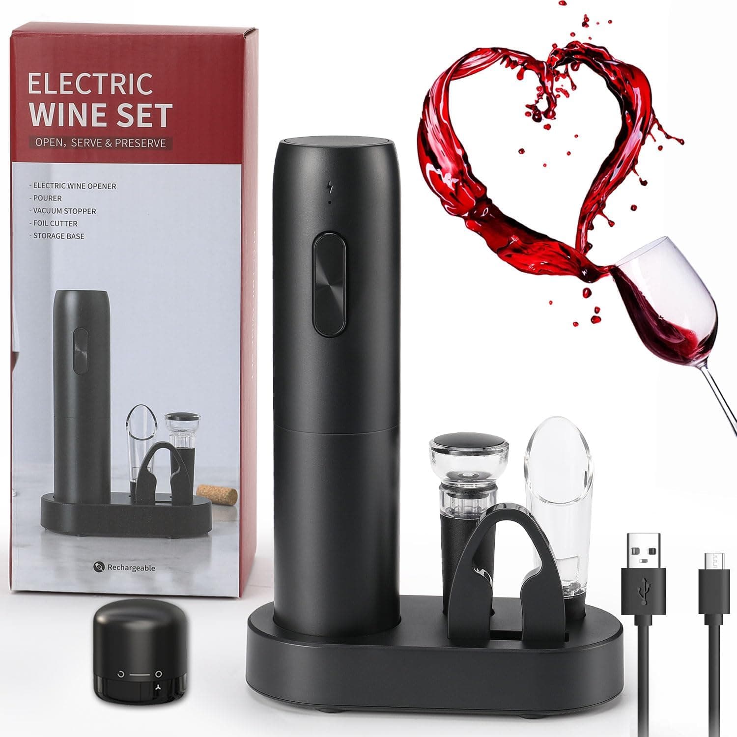 ZOYIDOUX Saca-cortiça elétrica recarregável 7 em 1 conjunto de presente, abridor de vinho elétrico com base de carregamento, cortador, tampa de vácuo de silicone, tampa para vinho, verte, linha USB