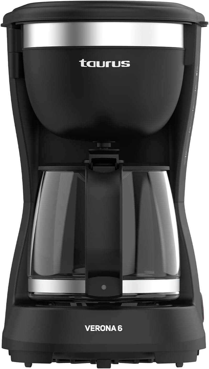 Taurus Máquina de café com gotejamento Verona 6, 600 W, 600 ml, Intense Flavour Tech, placa de aquecimento, filtro permanente lavável, jarro de vidro anti-gotejamento, design compacto preto mate, BPA