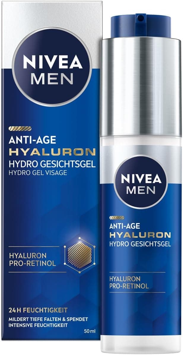NIVEA MEN Gel facial Hydro Hydro anti-idade com ácido hialurónico e pro retinol, gel de absorção rápida para 24 horas de hidratação intensa e atenuação visível de rugas (50 ml)