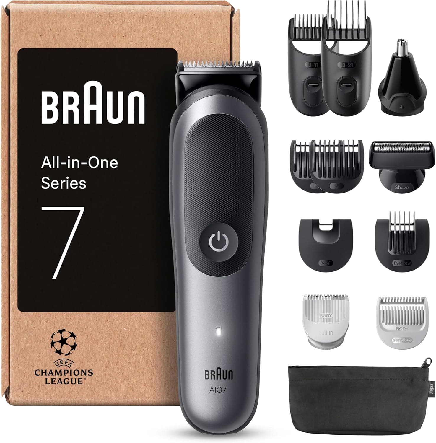 Braun Aparador Tudo em um série 7 AIO7545, kit de Styling 12em 1 para barba, cabelo, orelhas, nariz e corpo, 14 comprimentos, 120 min de automonomia, cinzento, a embalagem pode variar