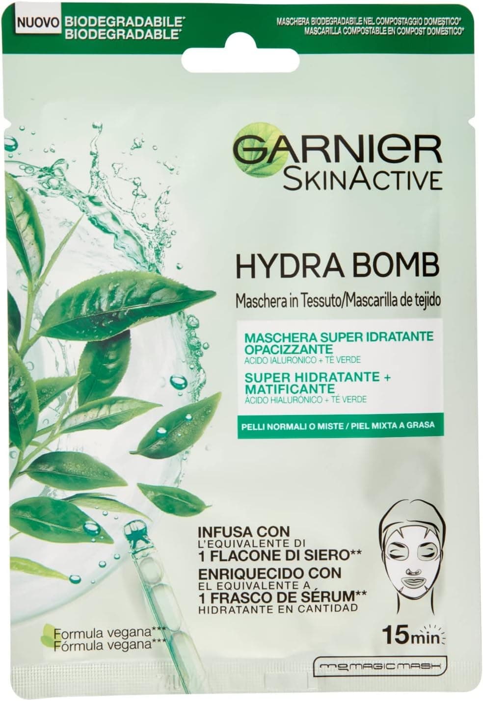GARNIER Skin Active Máscara de tecido HydraBomb, hidratante e matizante, para peles mistas a gorduras