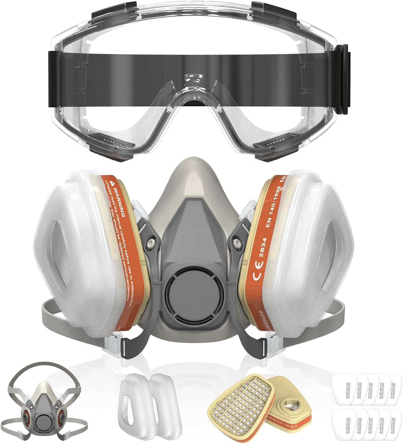 Máscara de gás com filtros A1P2, antipoeira, com óculos de proteção e 10 filtros de substituição, para pintura, lixar, construção, bricolagem, reutilizável