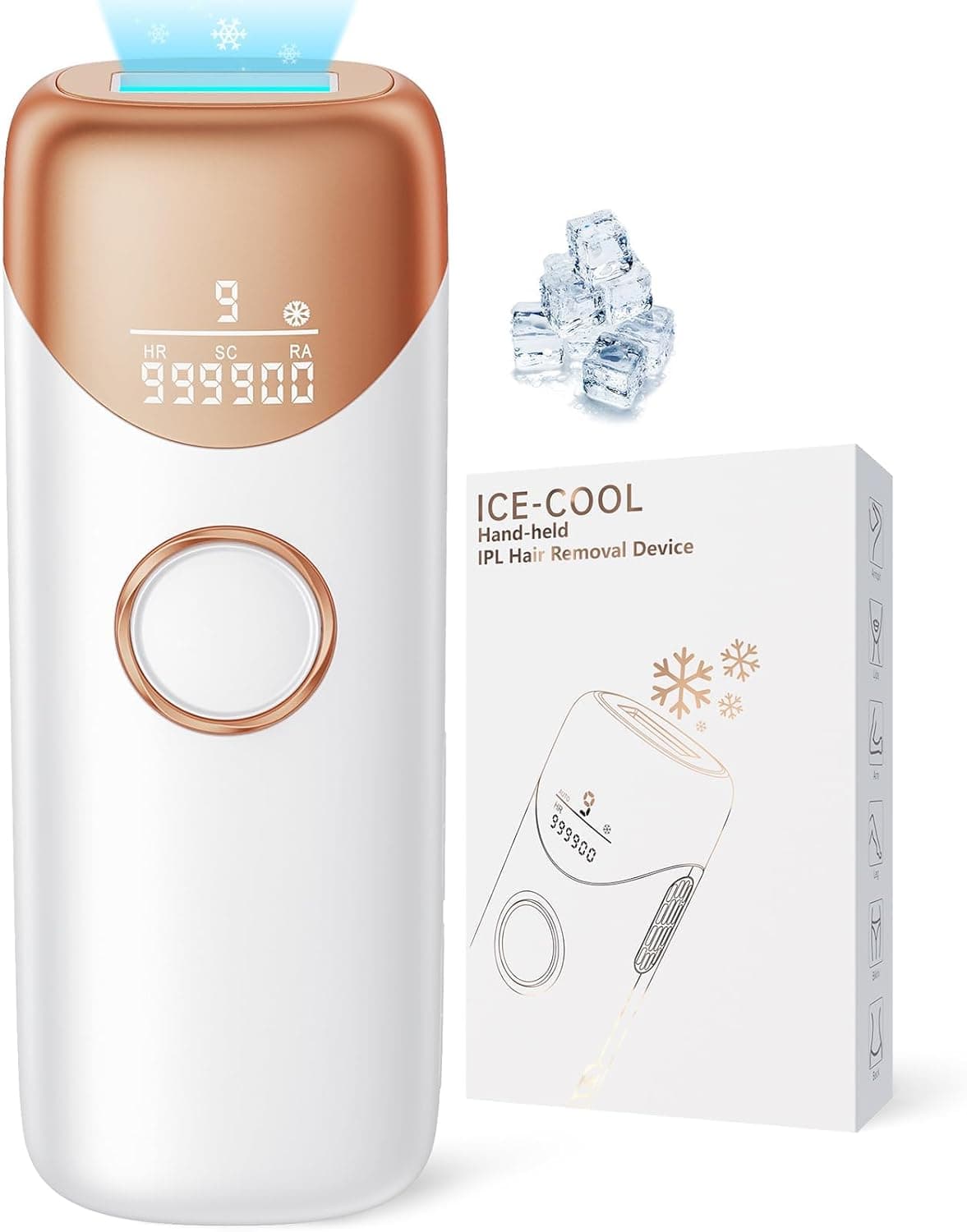 Depiladora a laser IPL com função de refrigeração, máquina de depilação luz pressionada com HR/SC/RA, onda de luz vermelha de 600 NM, 9 níveis de energia, máximo 19,8 J, 999,900 Flashes para homem