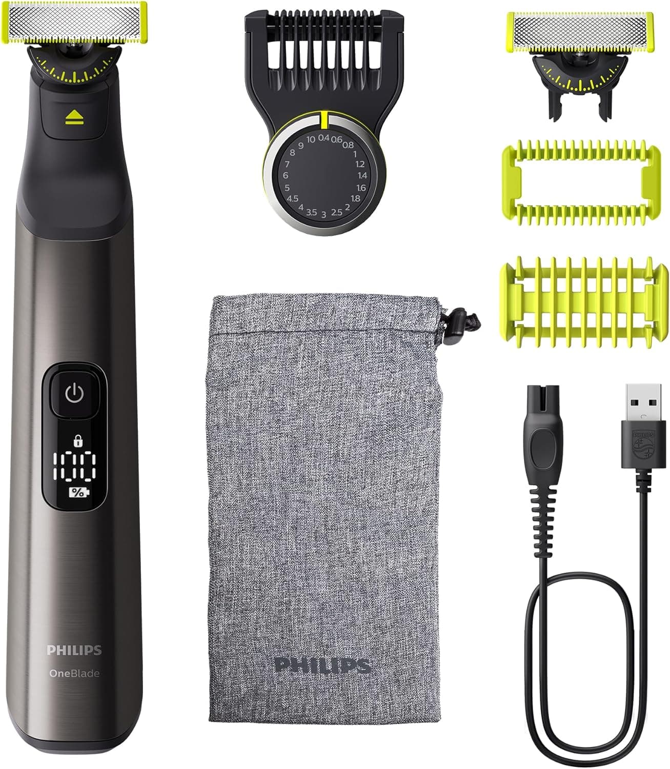 Philips OneBlade Pro 360 Barbeiro, aparador e aparador elétrico facial e corporal, 2 x 360 lâminas, 1 pente de 20 comprimentos, 1 kit corporal, 1 capa macia, QP6552/30