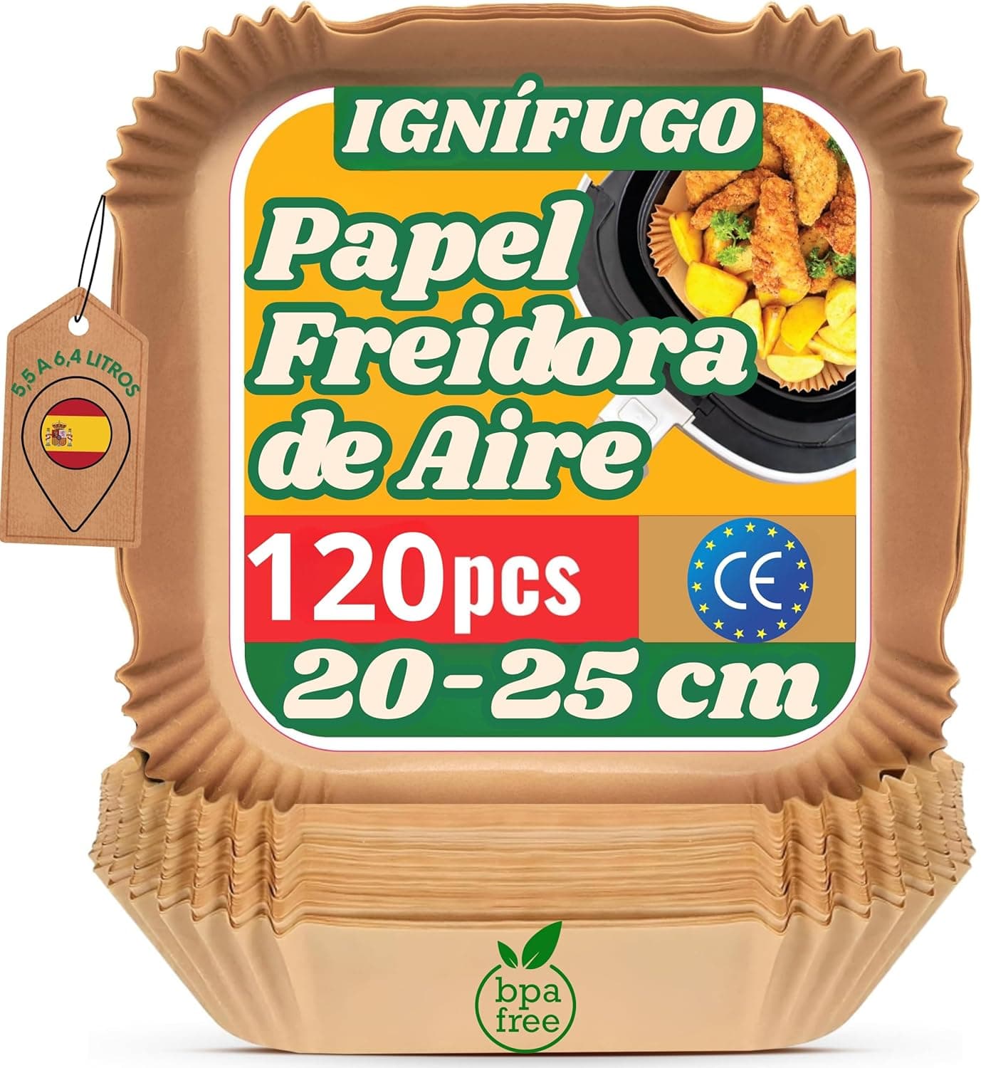Papel para fritadeira de ar quadrado, compatível com Cosori 5,5 l, Cecotec 6 L, ninja duplo e Philips, moldes descartáveis de papel para ar Fryer retangular, sem BPA, embalagem de 120 unidades