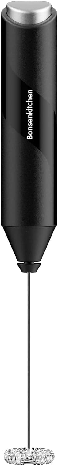 Bonsenkitchen Espumador de leite, espumador de leite elétrico com batedor de aço inoxidável, batedor de leite espuma elétrica para café, lattes, capuchino, matcha, com pilhas