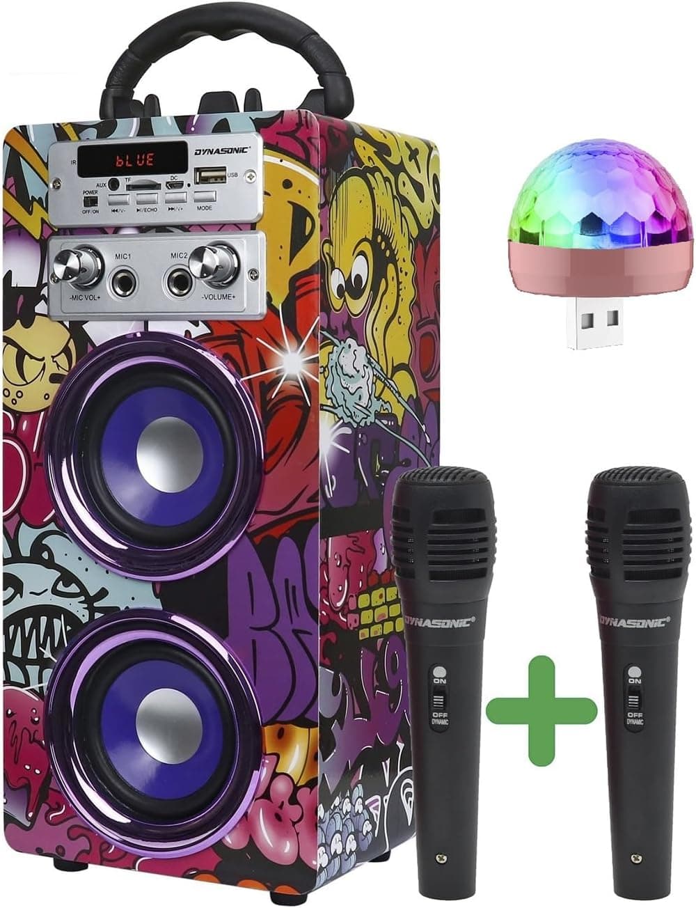 Máquina de karaokê portátil DYNASONIC, altifalante karaoke com 2 microfones, altifalante Bluetooth, luz USB incluída, leitor USB e SD, design exclusivo, presente original (025-12 luz)