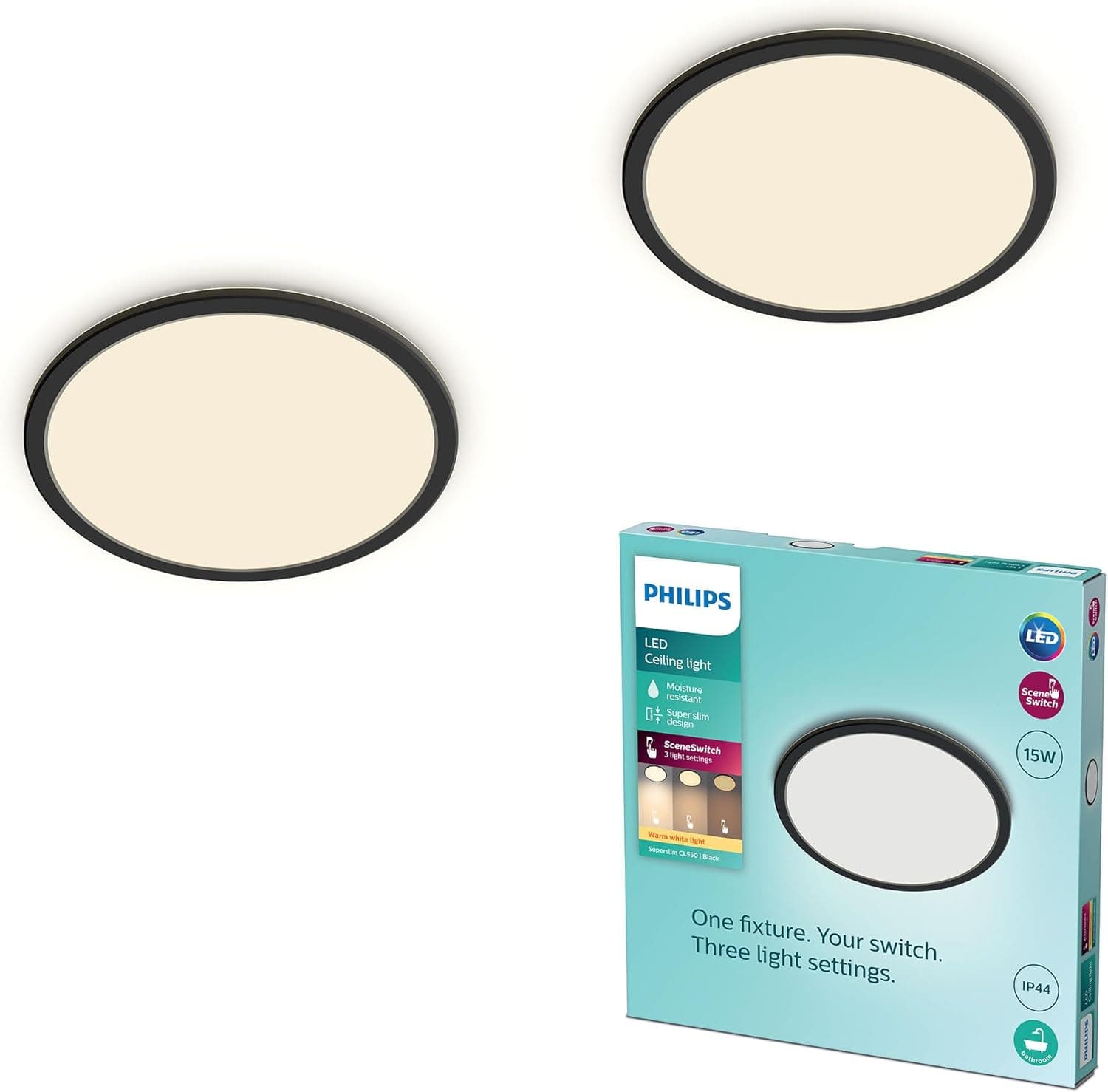Philips Candeeiro de teto LED para casa de banho Superslim, preto, 15 W, luz branca quente 2,700 K, 3 níveis de iluminação - regulável sem regulador, proteção IP44, embalagem dupla