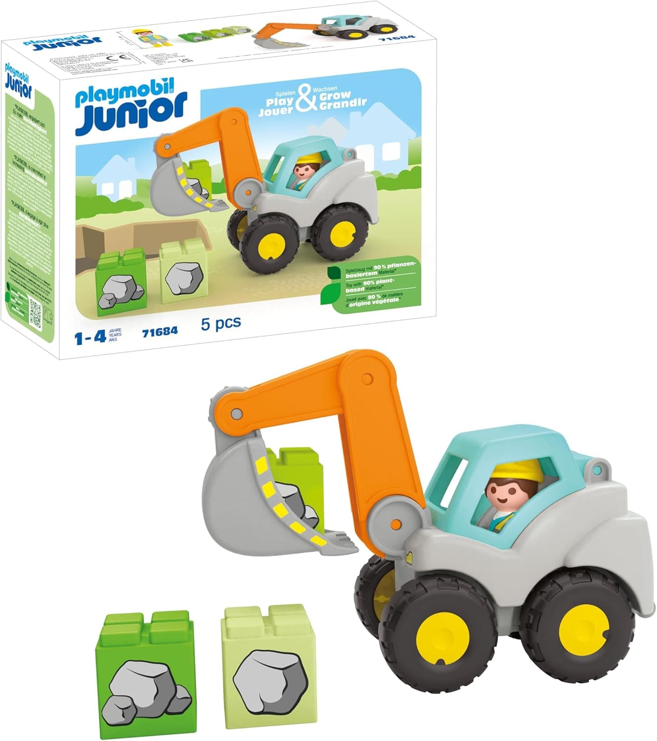 PLAYMOBIL Junior 71684 pá escavadora, inclui teto dobrável e pedras empilháveis, brinquedo sustentável feito de plásticos à base de plantas, brinquedos para crianças a partir de 1 ano