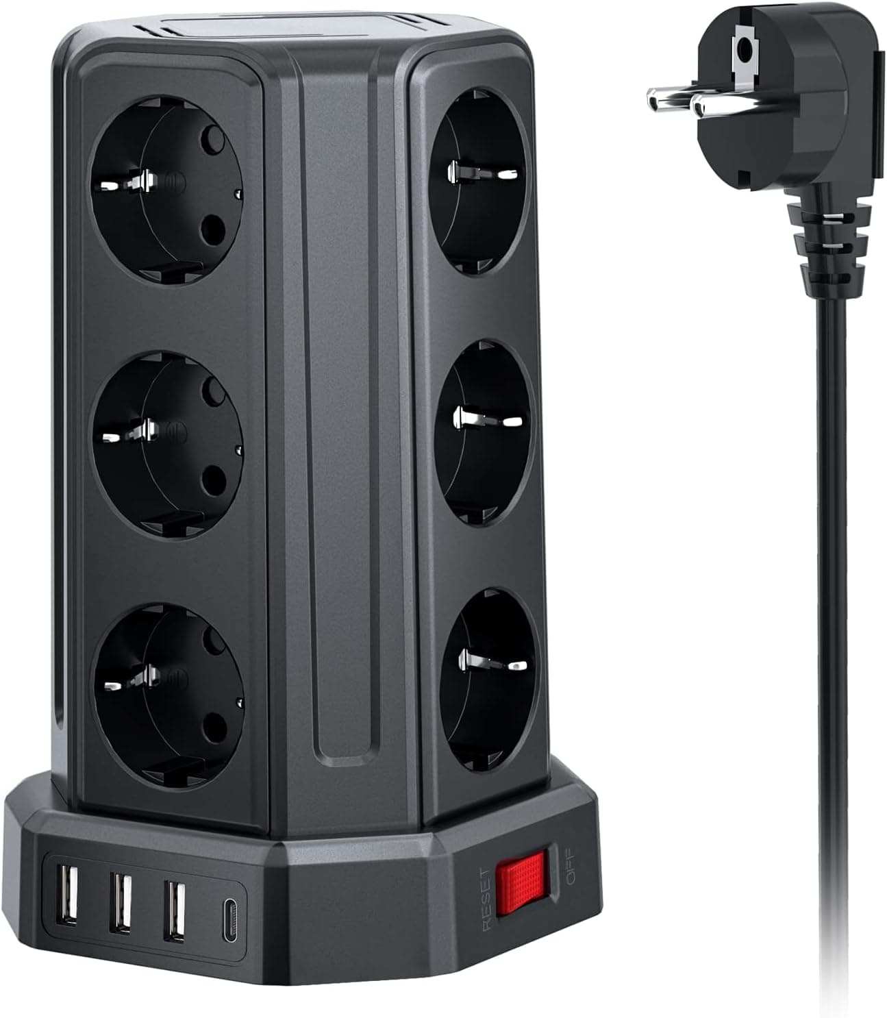 Torre com tomadas tomadas com cabo 5 m, tomada USB de 12 tomadas de AC de corrente e 4 USB, 3680 W/16 A, presentes verticais com interruptor para mesa, oficia, casa