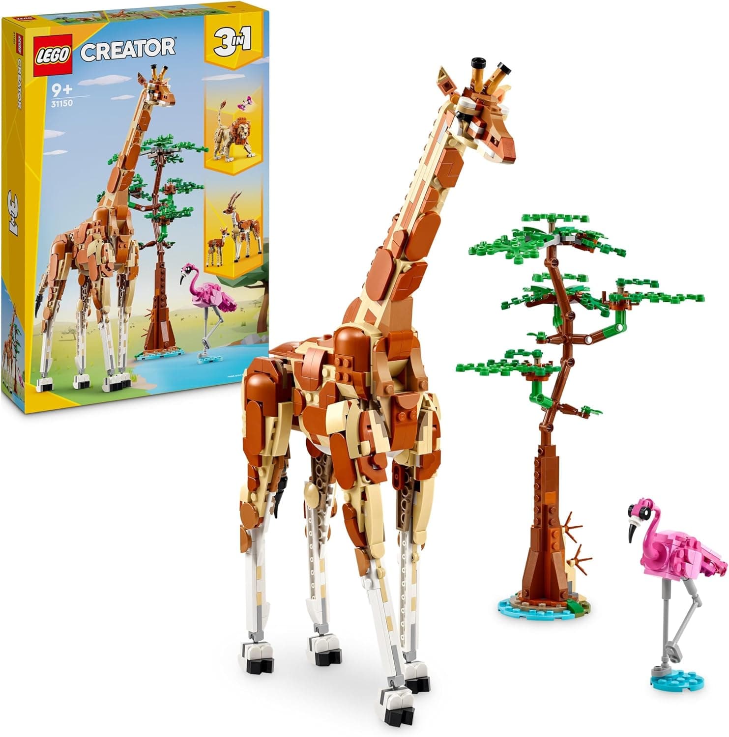 LEGO Creator Safari de animais selvagens 3 em 1 com girafa de brinquedo descapotável em figuras de gazelas e leão, conjunto de construção, presente de Natal para meninas e meninos de 9 anos ou mais