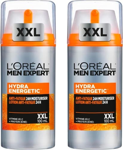 L'Oréal Men Expert Creme hidratante anti-fadiga 24h Hydra Energetic para homens, creme facial de uso diário, fornece energia, 100 ml x 2