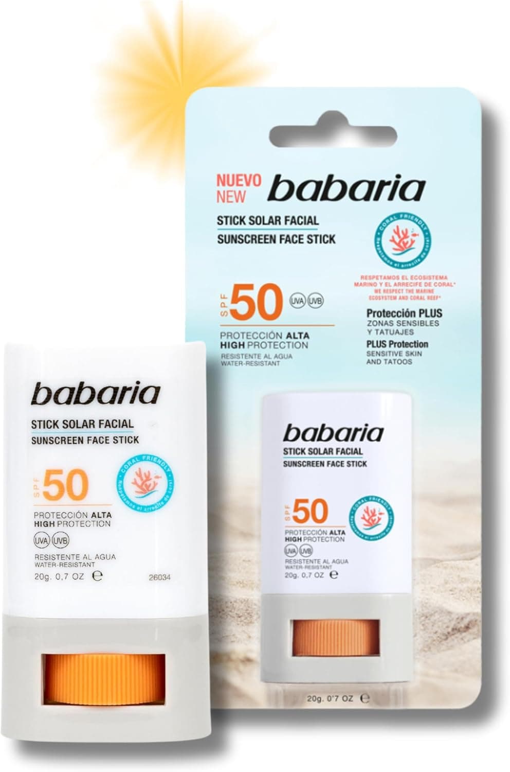 Babaria - Stick Solar Facial 50 | Alta proteção com aloé e manteiga de karité | Coral Friendly e biodegradável | resistente à água e ao suor | Vegan | Stick Solar crianças, 20 g