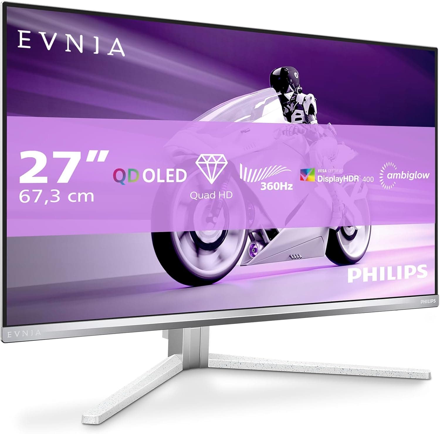 Philips Evnia 27M2N8500 Monitor de jogos OLED QHD de 27 polegadas, 360 Hz, 0,03 ms, HDR400, Ambiglow, FreeSync. Premium, Comp. G-Sync. (2560x1440, 2X HDMI 2.1, 1 x DP 1.4, hub USB) branco