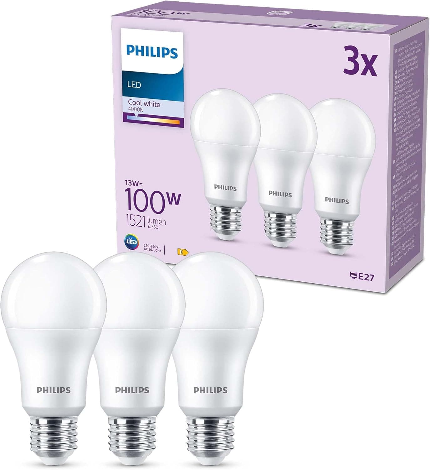 Philips Lâmpada LED A60 13W (Eq. 100 W) 1521 lúmens, casquilho E27, luz branca fria (4000 k) - pack de 3 lâmpadas