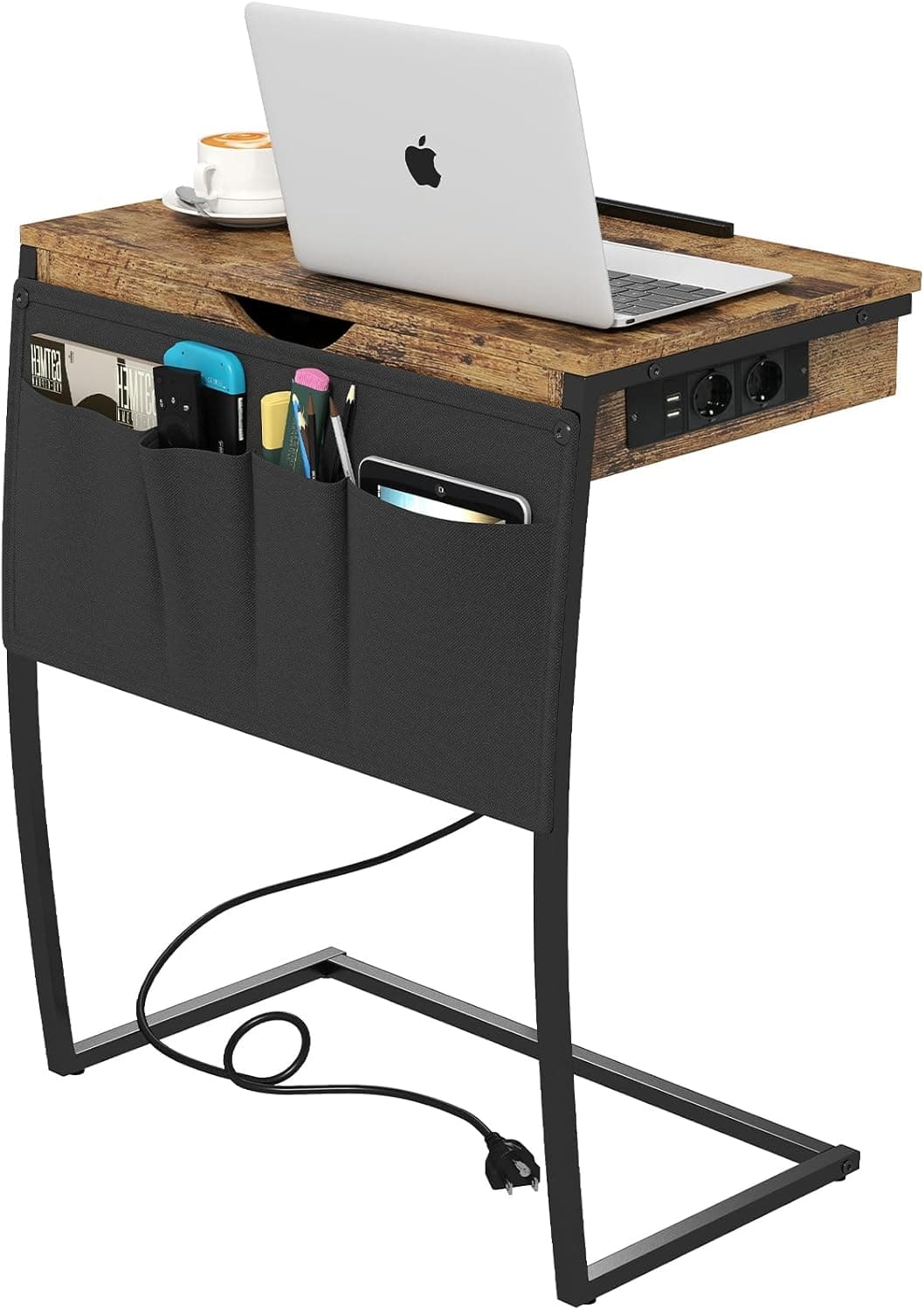 Suporte para TV, tablet e portátil Hadulcet para sofá, mesa em forma de C com base de carregamento, mesas deslizantes para sofá, mesa por baixo da cama para refeições, mesa de computador para sofá
