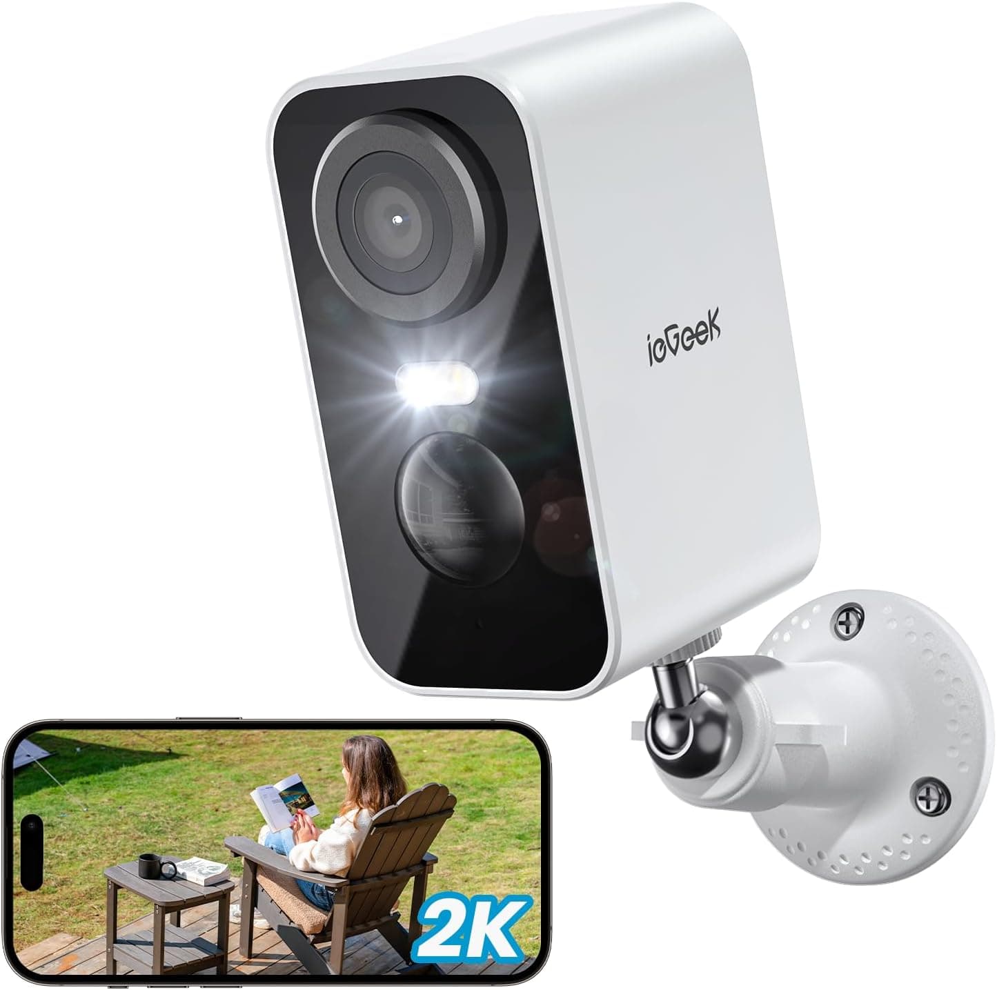 ieGeek 2K Câmara de vigilância WiFi exterior/interior sem cabos, câmara de vigilância exterior com bateria recarregável, visão noturna colorida de 10 m, deteção de movimento PIR, áudio de 2 vias