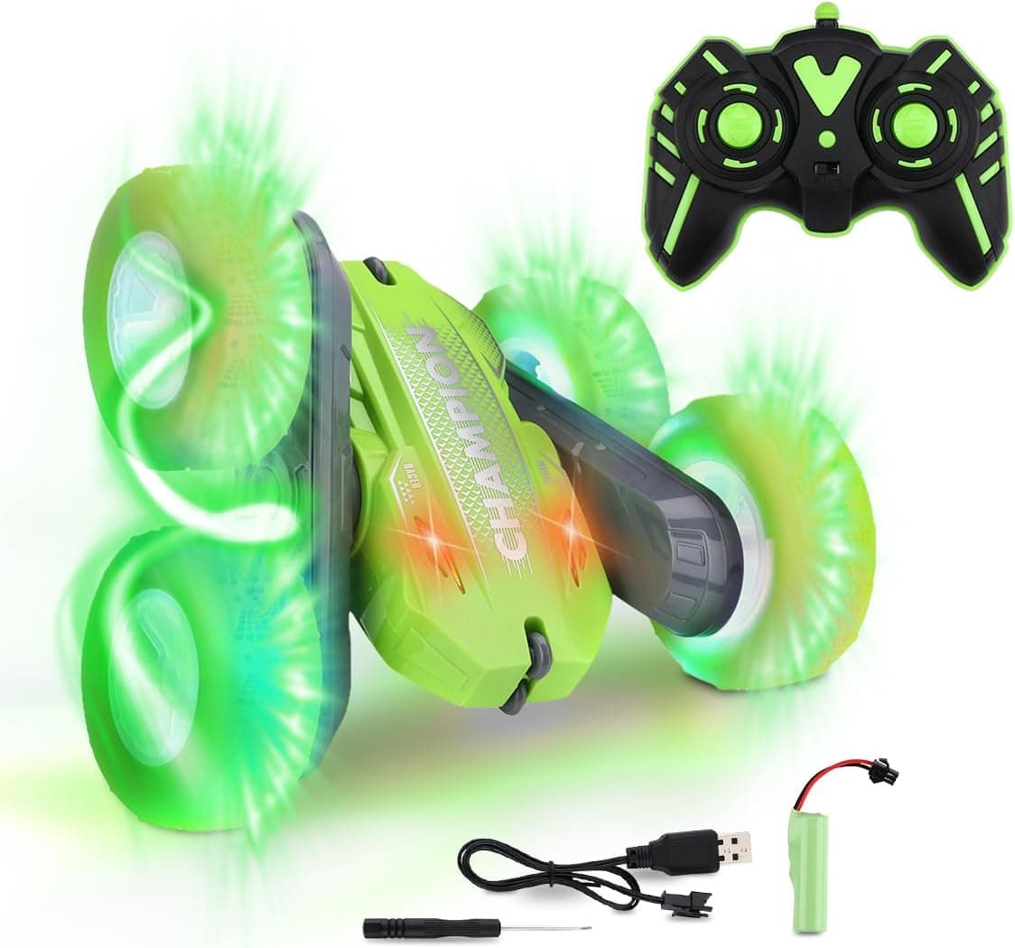 Carro de acrobacias de controle remoto NK para crianças, rotação de 360 ​​graus, luzes LED, rodas de borracha, 15x15x6 cm, controle remoto incluído, pilhas incluídas