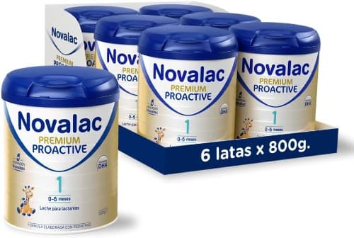 Novalac Premium Proactive 1 leite inicial para bebés 0-6 meses. Contribui para o desenvolvimento normal e o sistema imunitário do bebé. Fórmula feita com pedatras, 6 x 800 g