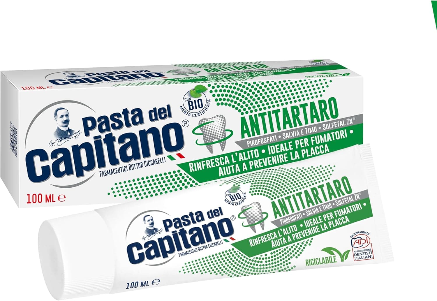 Pasta del Capitano, Dentífrico antitártaro bio, fornece fresco e resfriador de ânimo, ideal para fumadores, ajuda a prevenir a placa, 100% fabricado na Italy, tubo de 100 ml