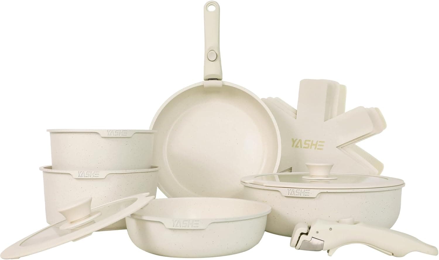 YASHE Conjunto de 13 panelas e panelas, conjunto de panelas de indução anti-aderente, conjunto de frigideiras com tampas, frigideiras cabo removível, adequado para máquina de lavar louça e forno