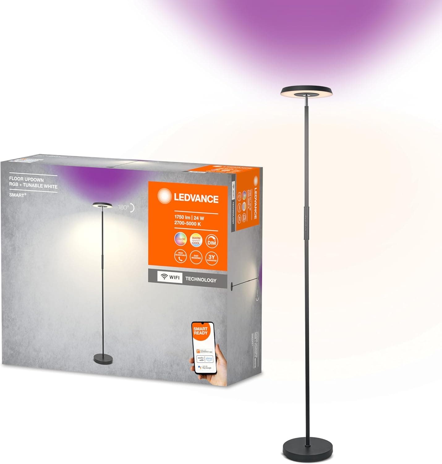 LEDVANCE SMART+ WIFI Flor UPDOWN Wand- & Stehleuchte, preto, 13,5 W, 2165 lm, regulierbares Weiß- & Farblicht, zwei Lichtquellen, dimmbar, comprimento Lebensdauer, RGB-Licht, App-steuerbar, 30 00G