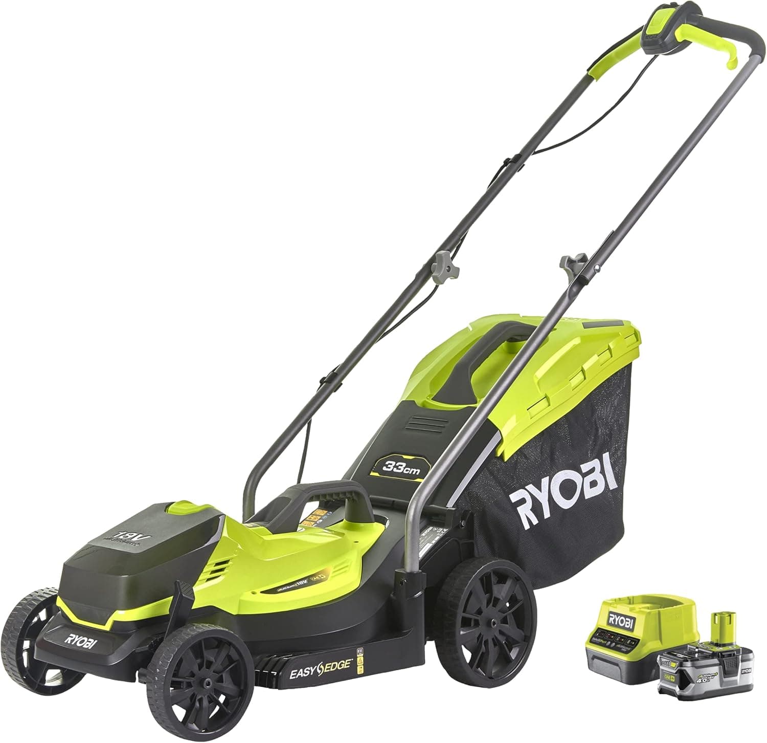 RYOBI - Corta-relvas elétrico sem fios 18 V ONE+ Ø 33 cm, recolhe e Mulching - Longa automonomia, entregue com 1 bateria 4,0 Ah e 1 carregador 2,0 A -RLM18X33B40