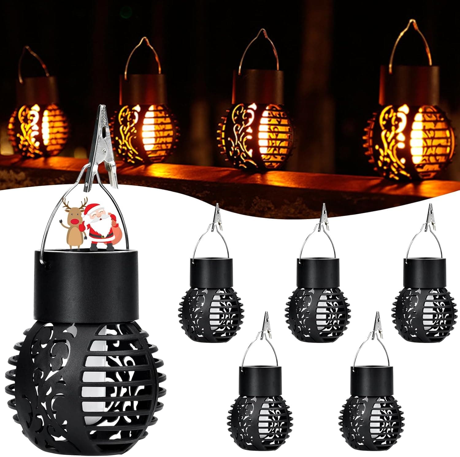 BOOTEEK Candeeiros solares exteriores pendentes, 6 peças luzes de chamas solares exterior jardim para exteriores com chamas realistas, candeeiro de tocha solares com ganchos e clipes para pátio