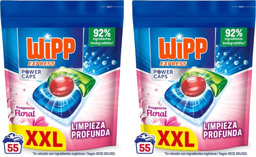 Wipp Express Power Caps Floral | Cápsulas de detergente para roupa com fragrância floral, limpeza profunda, 55 doses x 2
