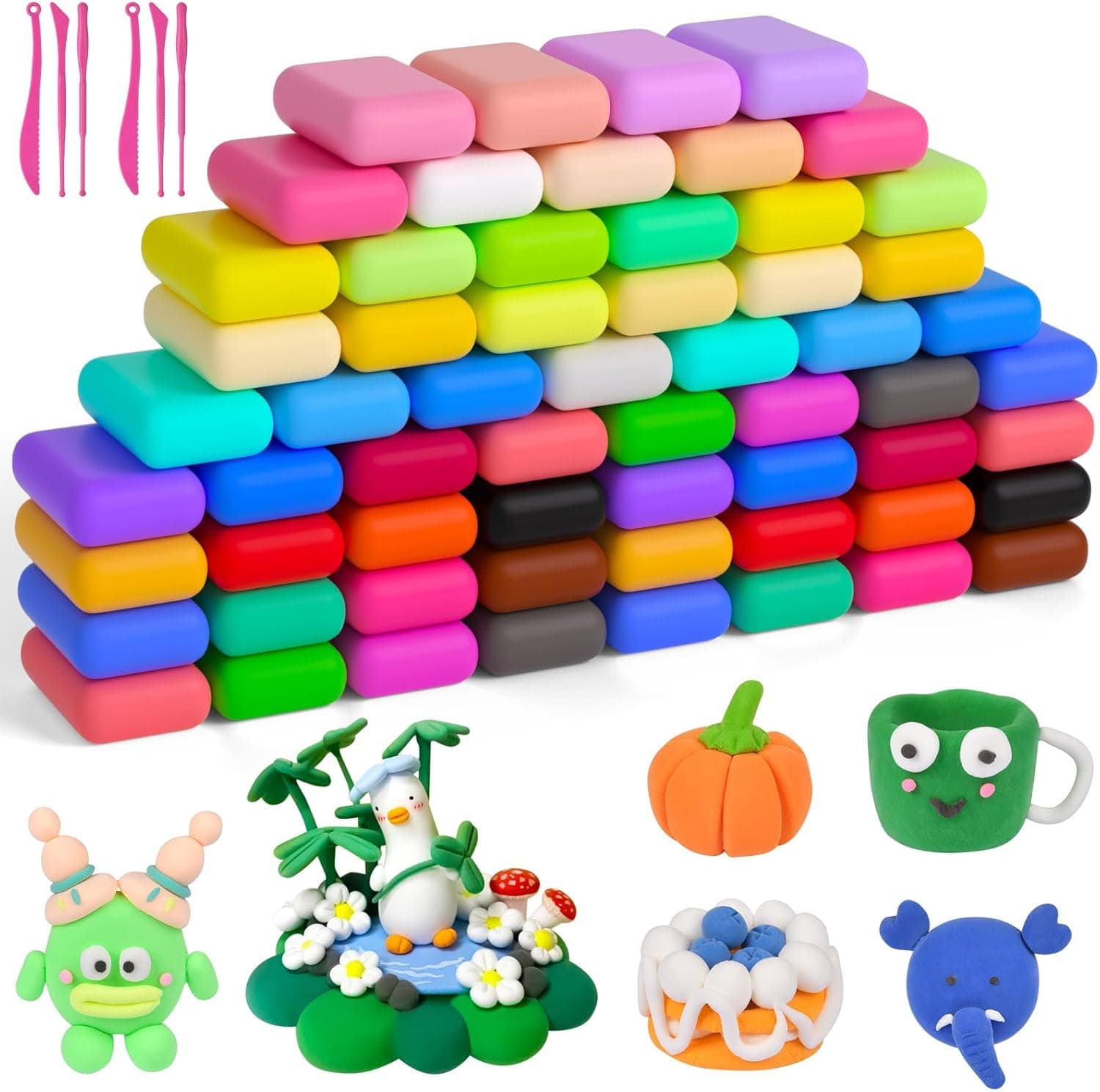 AUAUY Argila polimérica seca ao ar, 60 cores argila polimérica com 6 ferramentas para esculpir, Foamy Moldeable Air Dry Clay, presente de plástico não tóxico para crianças e meninas de 3 a 12 anos