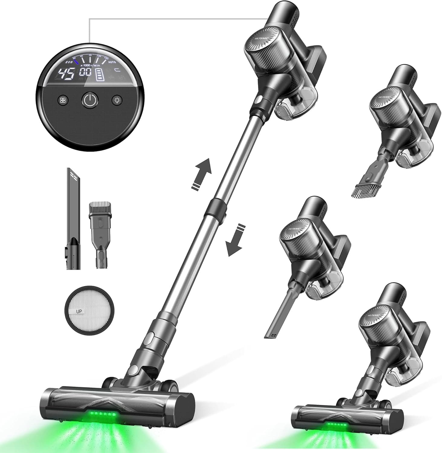 Ultenic U12 Vesla aspirador sem cabo de 45 Kpa, tecnologia de luz verde e anti-embaraços, aspirador de vassoura, poderoso, automonomia, 45 minutos, bateria removível, para animais de estimação