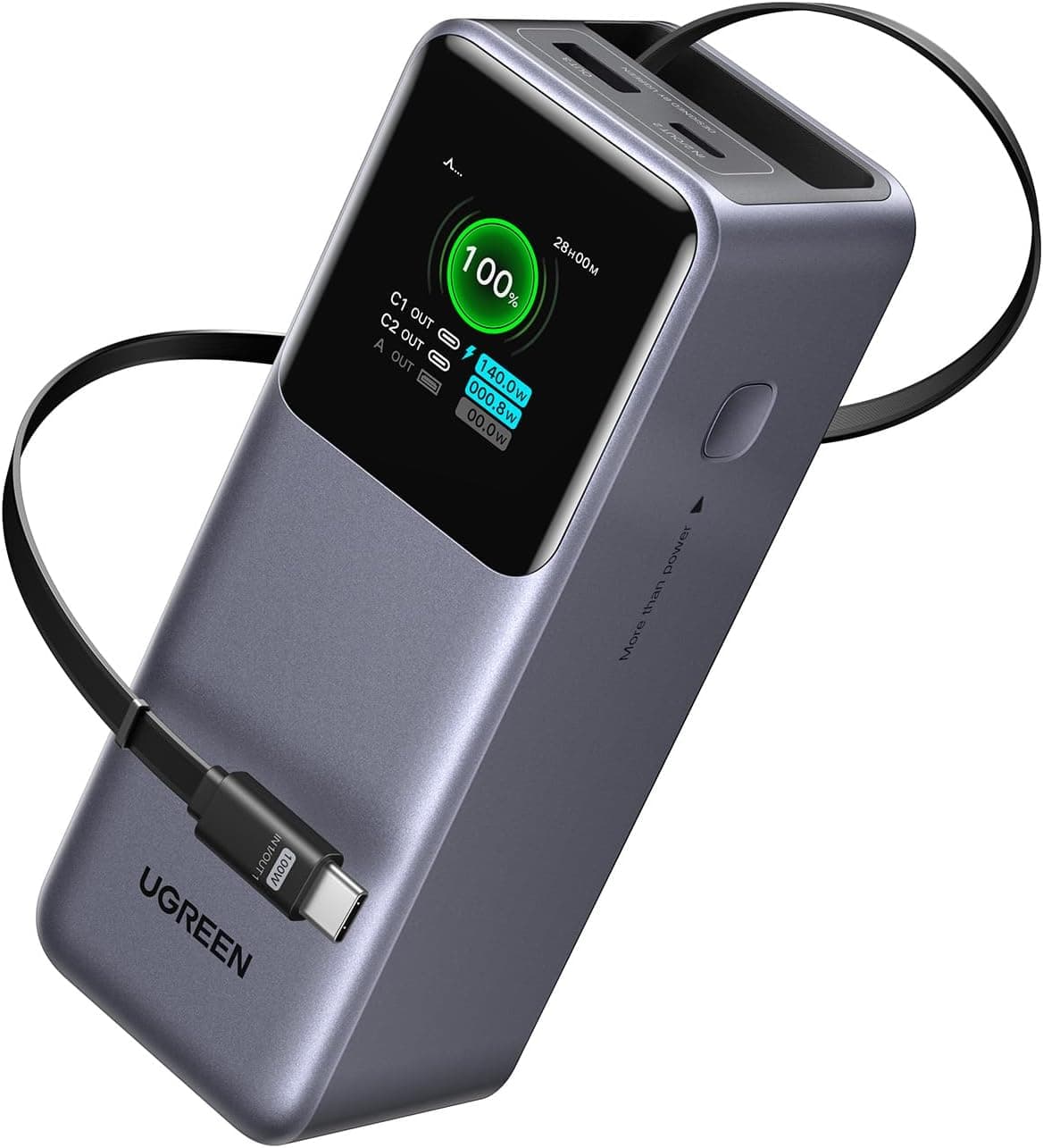 UGREEN Nexode 20000 mAh Banco de energia com cabo traseiro, Power Bank portátil de 165 W carregamento rápido, compatível com iPhone 16/15, Galaxy S20, MacBook, portátil DELL, etc