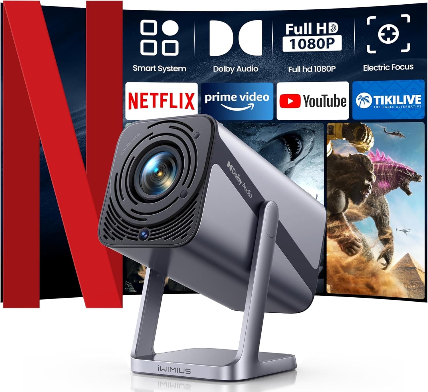 Smart Projetor 4K [Netflix oficial/Dolby/E-Focus/Auto Keystone] WiFi Bluetooth 1080P projetor portátil nativo, Full HD projetores com zoom de 50%, giratório de 360° para telemóvel / PC/cinema em casa