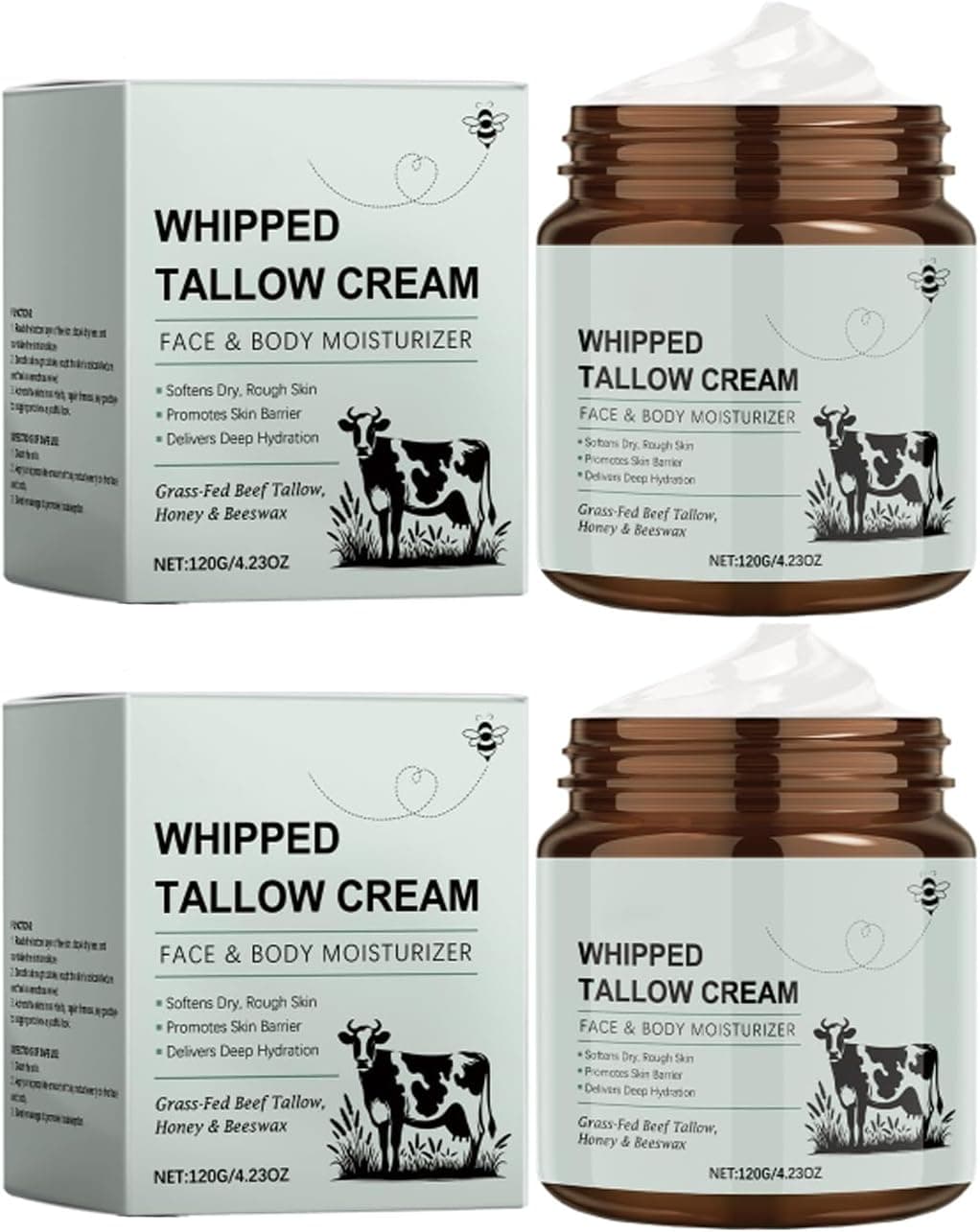 Creme hidratante para rosto e corpo, hidratação profunda, bálsamo de sebo, sebo bovino, 100% erva forrageira, sebo bovino puro biológico com mel natural (2 x 120 g)