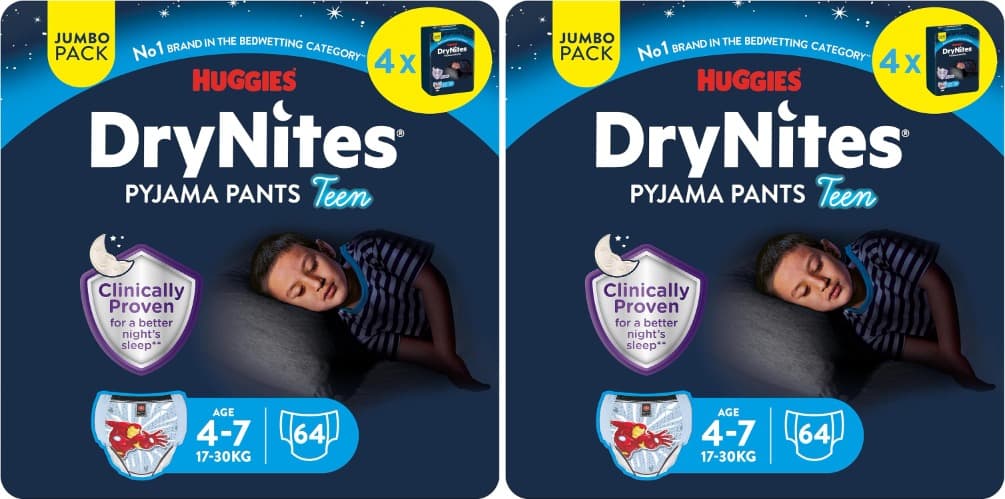 DryNites DryNites | Fraldas noturnas para rapaz 4-7 anos 17-30 kg com 5 camadas de proteção, 64 unidades