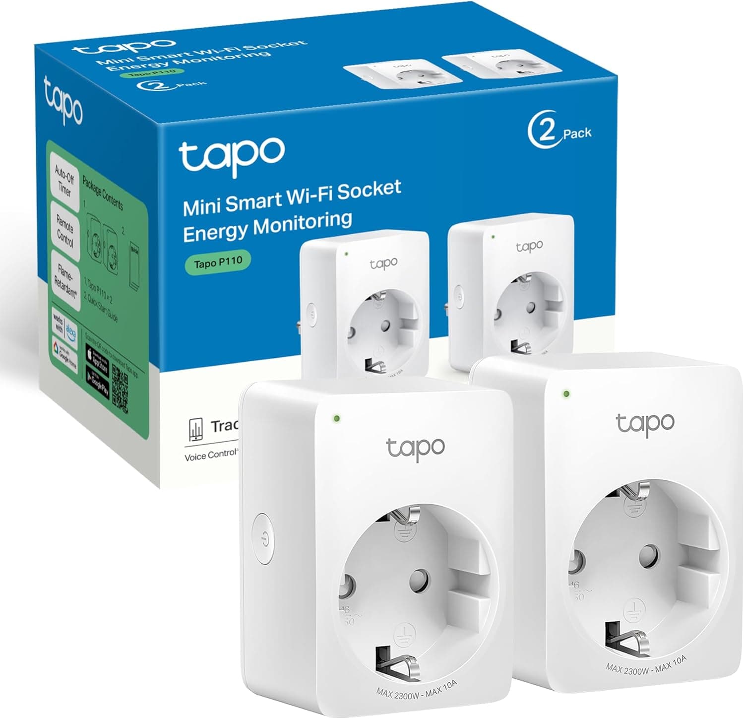 Tapo P110 (2 pacotes) Mini tomada inteligente Wi-Fi (com monitorização energética), agendar ligar / desligar, poupança de energia, compatível com Alexa e Google Home