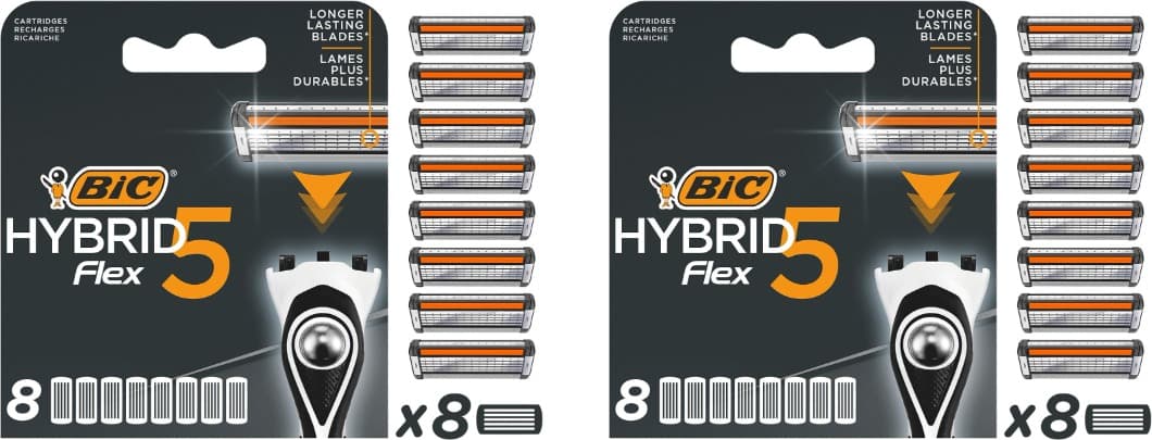 BIC Hybrid 5 Flex lâminas de barbear para homem, embalagem de 8 lâminas de substituição com 5 folhas móveis, 2 embalagens