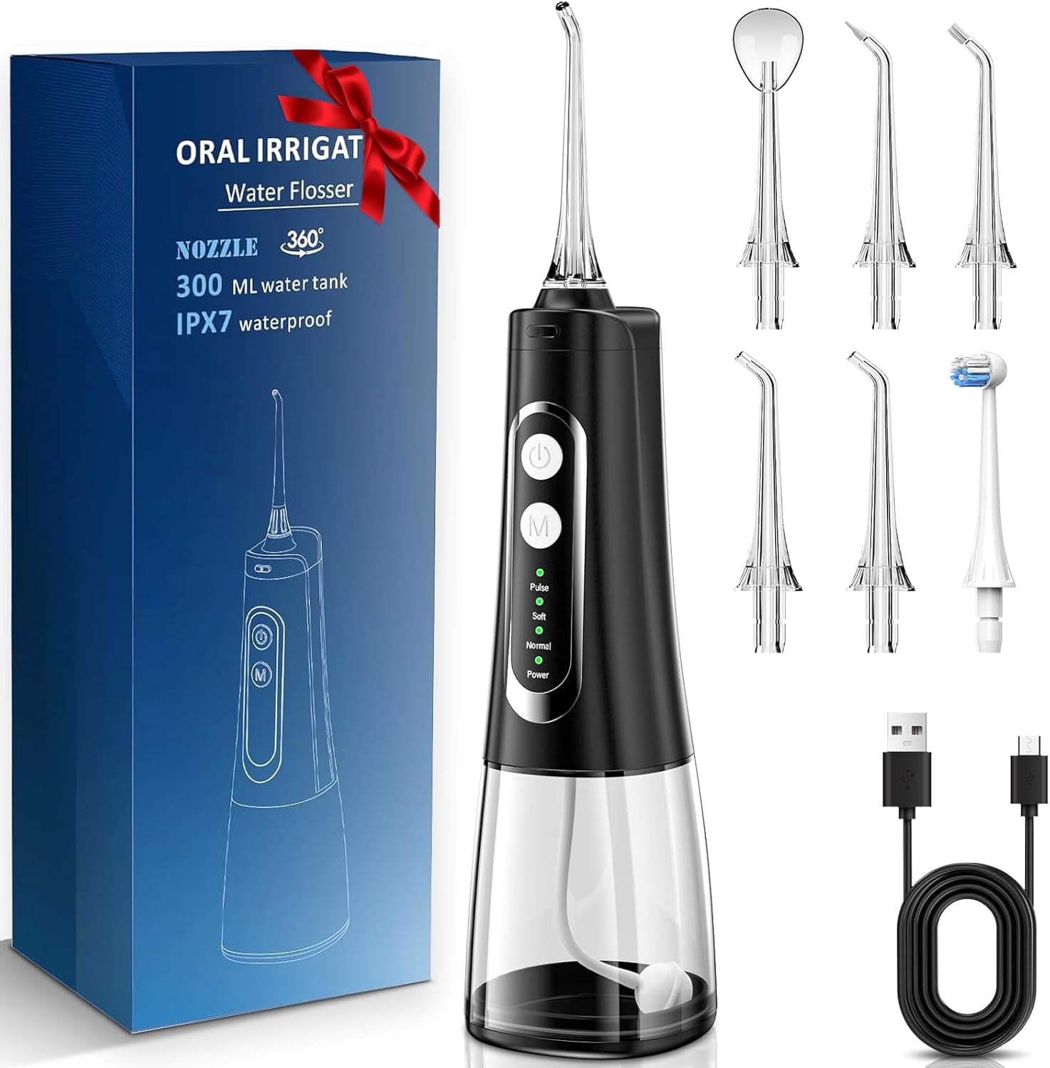 ETELIAR Irrigador bucal portátil, irrigador dental sem fios profissional 6 boquilhas 6 modos, IPX7 impermeável 300 ml USB-C recarregável para limpeza de dentes, para casa e viagens