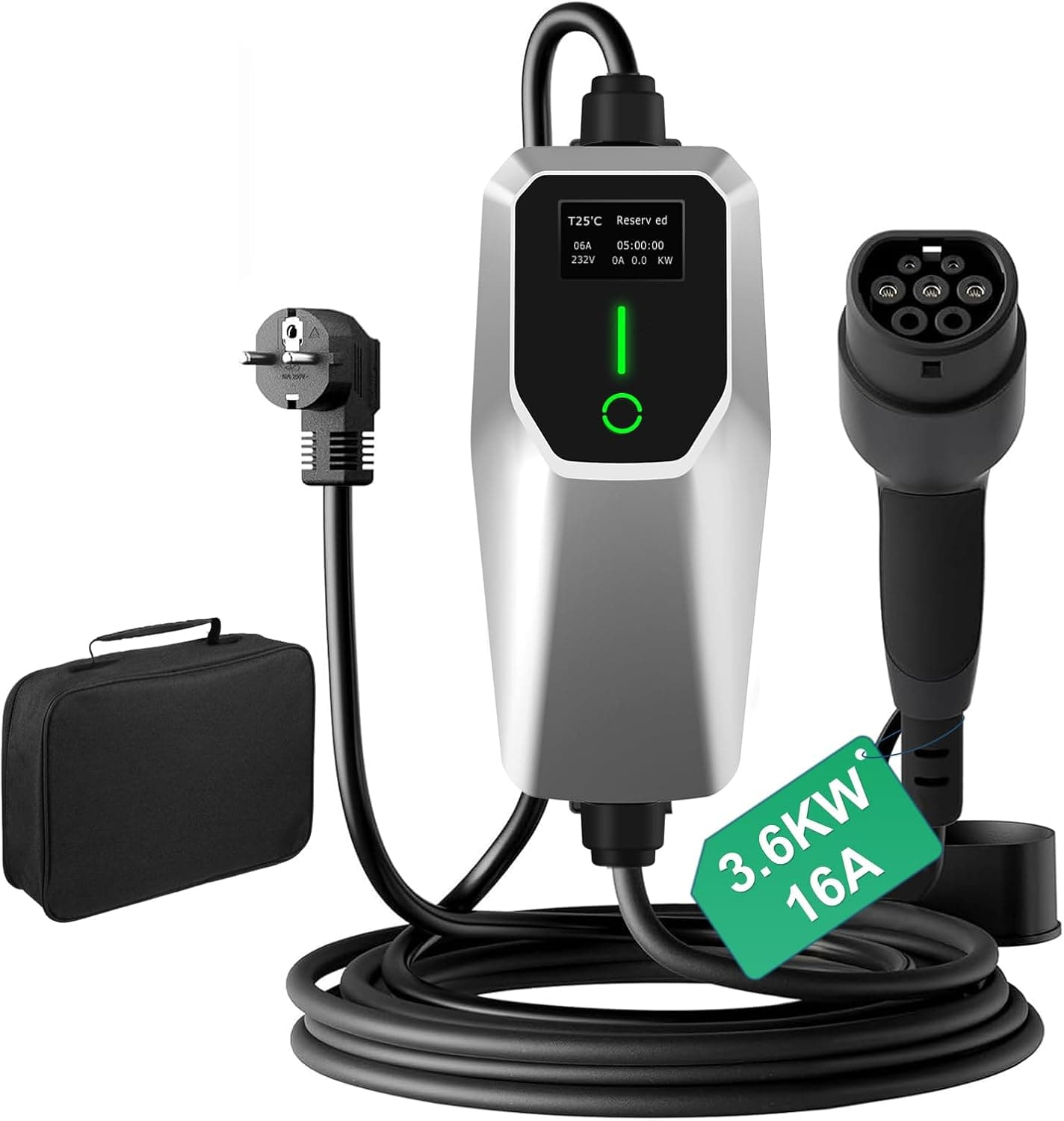 Hexinex Cargador EV Tipo 2 | Carregador portátil de 3,6 kW para veículos elétricos com corrente ajustável, visor LED e bolsa de transporte