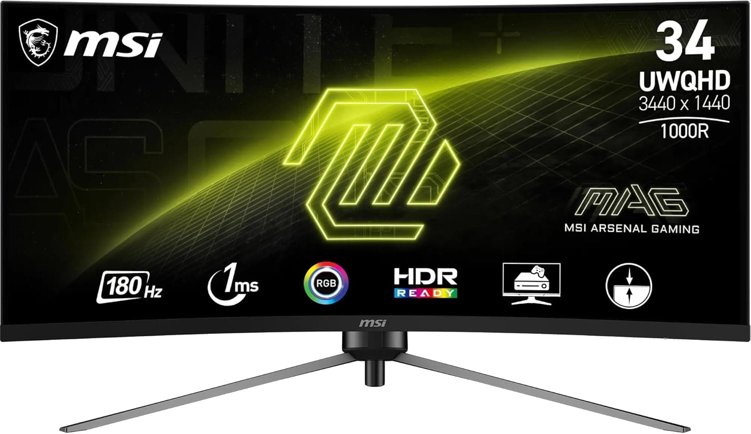 MSI mag 345CQR Monitor curvo Gaming UWQHD de 34", 1500R 3440 x 1440, painel VA 180 Hz / 1 ms, adaptative-Sync, DP 1,4a, HDMI 2.0b CEC