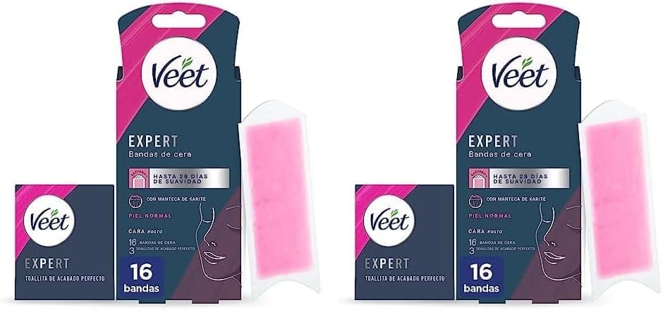 Veet Especialistas bandas de cera fria para depilação facial, adequado para lábios superiores (bigode), com manteiga de karité, 16 tiras (embalagem de 2)