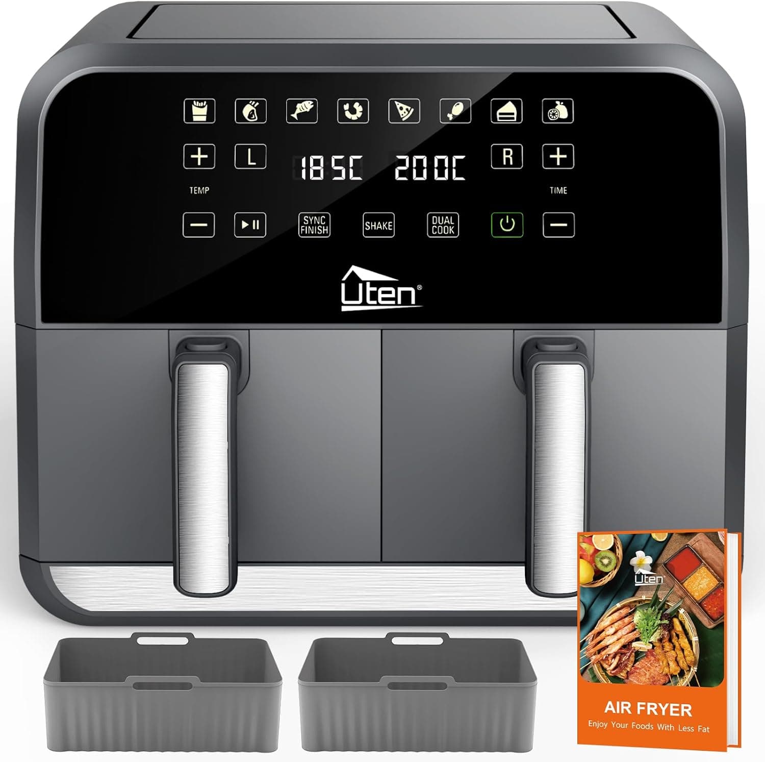 Uten Fritadeira de ar com cesta dupla 8 L, 1700 W Air Fryer com 2 almofadas de silicone, 114 receitas, fritadeira sem óleo com função SYNC, 8 em 1, lembrete de agitação, adequada para lavar louça