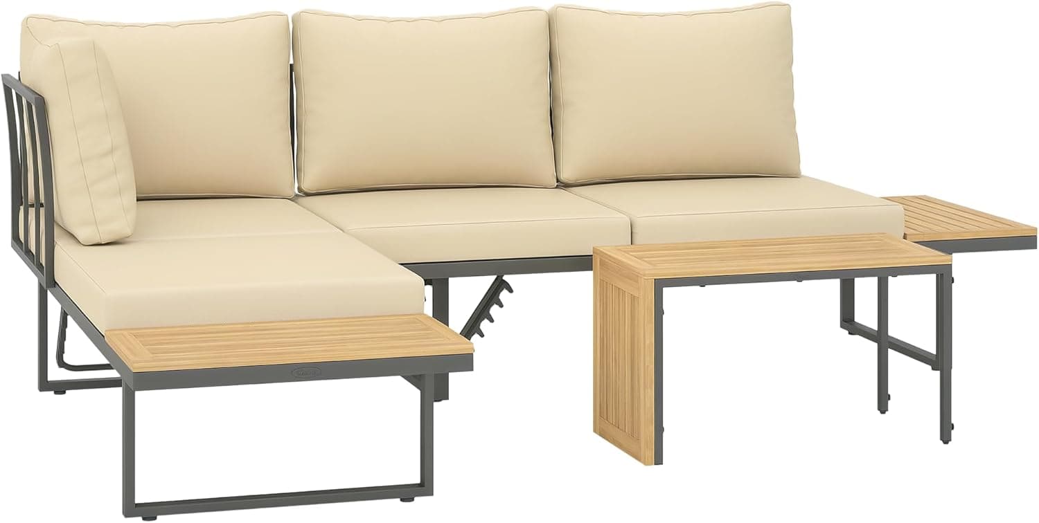 Outsunny Conjunto de móveis de jardim exterior sofás de exterior em forma de L espreguiçadeira com 2 sofás de 3 lugares assento ajustável e mesa de madeira de acácia, versátil com almofadas bege e
