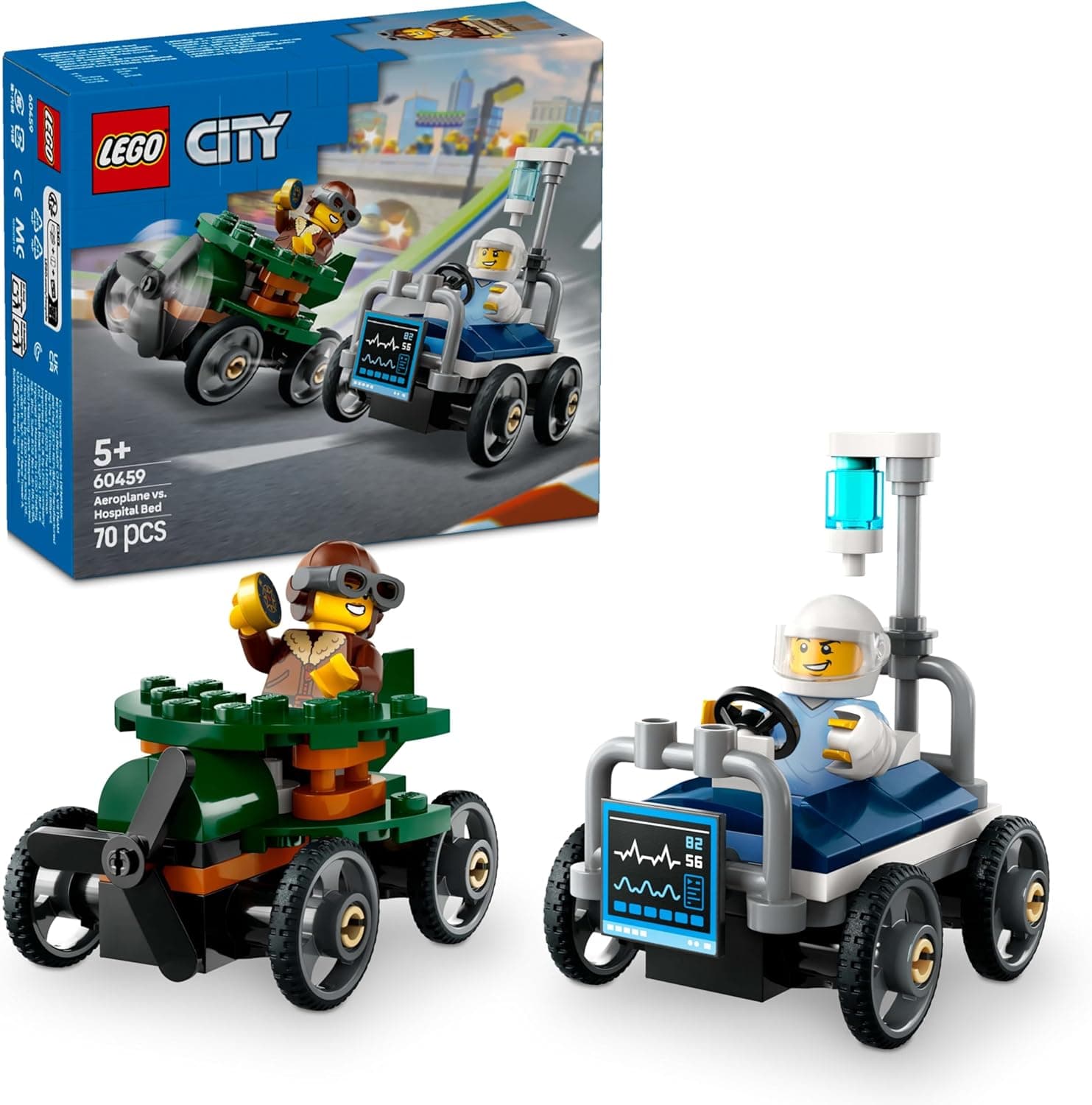 LEGO City Pack de carros de corrida: Avião vs. Cama de hospital de brinquedo, carros loucos de corrida com 2 minifiguras de piloto e paciente, presente para meninos e meninas de 5 anos ou mais 60459