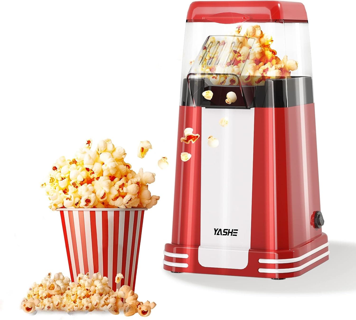 YASHE Máquina de pipoca retro, 1200 W pipoca de ar quente com copo medidor, um toque, sem óleo, perfeito para cinema em casa, noites de filme, festas