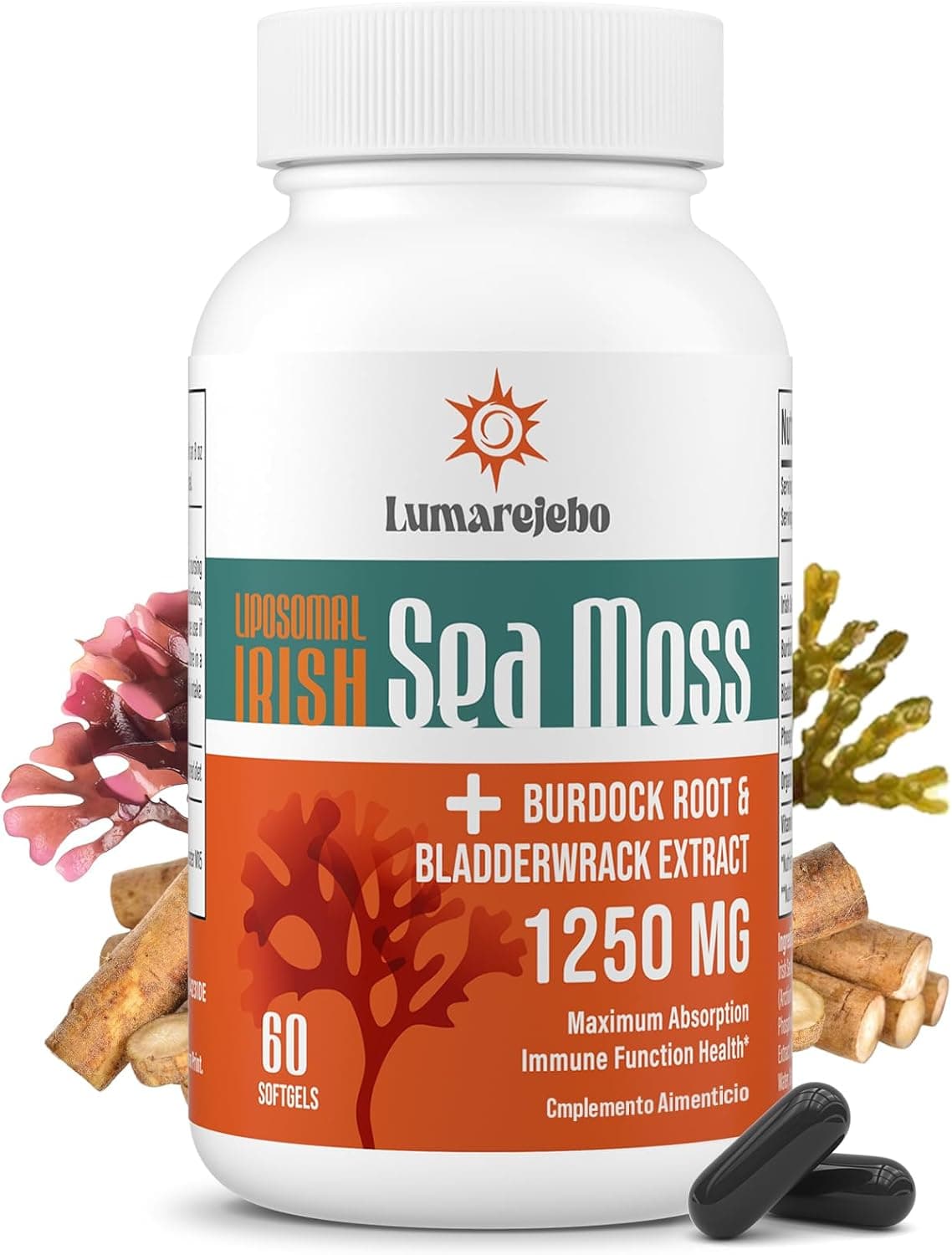 Musgo marinho irelandês lipossomal 30000 mg, alta potência, raiz de barana e complexo de fucus, fonte natural de vitaminas e minerais, 60 unidades