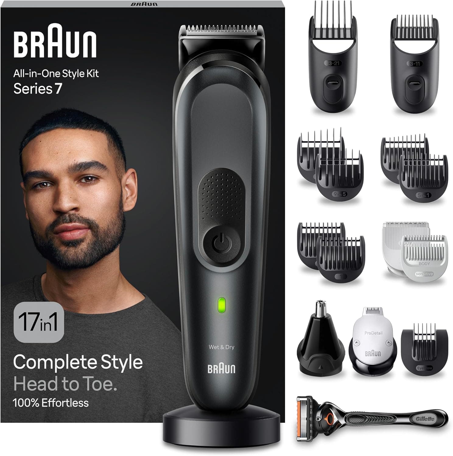 Braun Aparador de barba série 7 máquina de cortar cabelo, corta-pelos para homem, depiladora corporal para rosto, cabelo, orelhas, nariz e corpo, recarregável com 100 min automonomia, MGK7491, preto