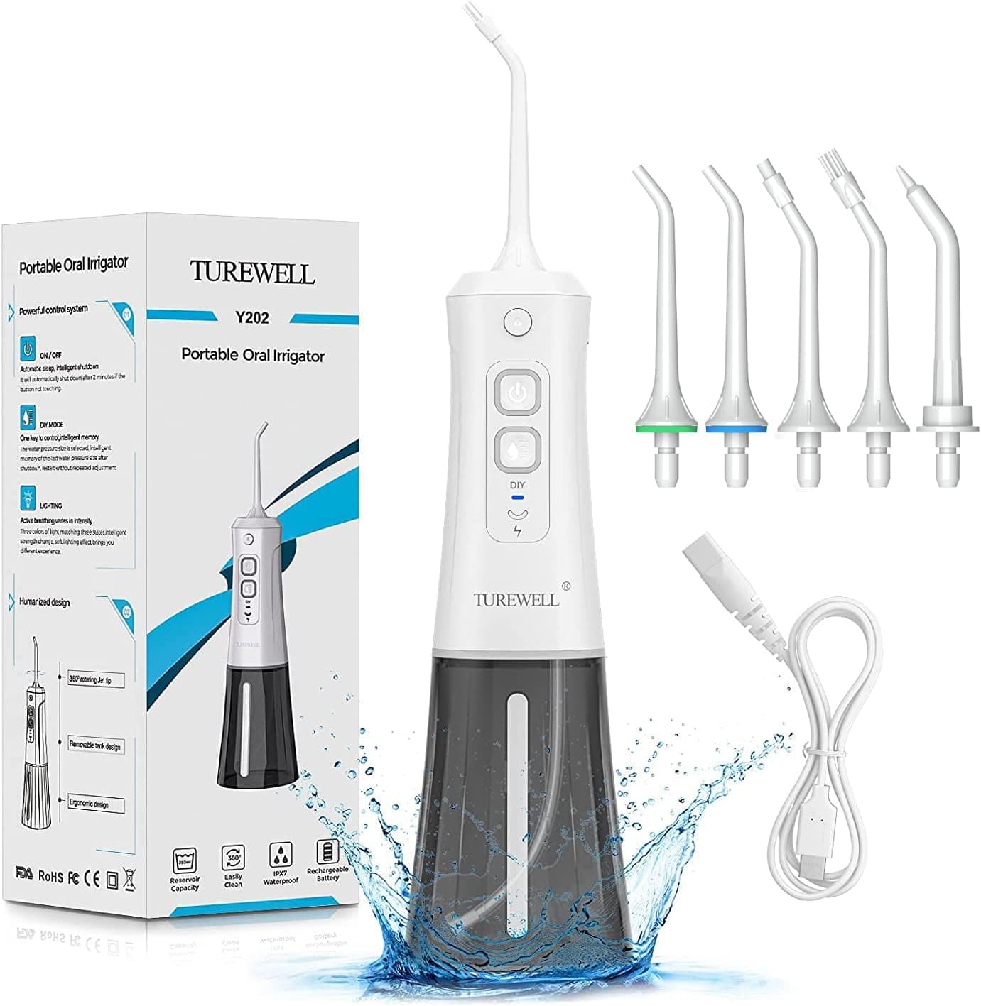 TUREWELL Irrigador dentário, irrigador bucal profissional com 5 bicos multifuncionais, capacidade de 250 ml, limpeza de dentes, aprovado pela FDA/CE (branco)