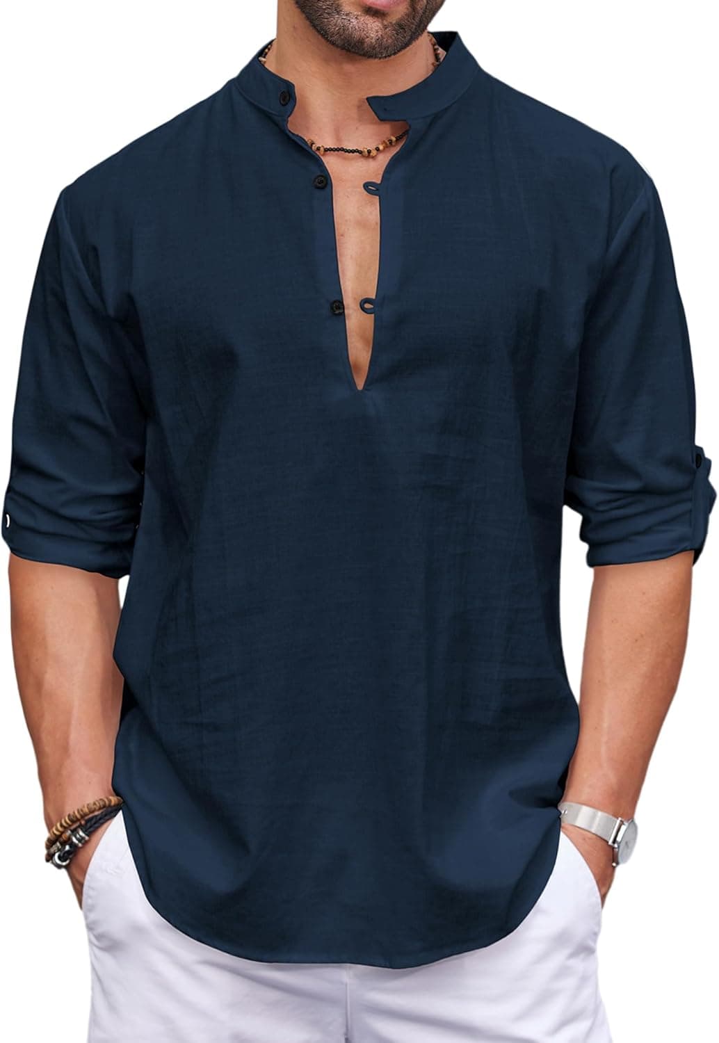COOFANDY | Camisa de manga longa em algodão para homem com gola mao regular fit