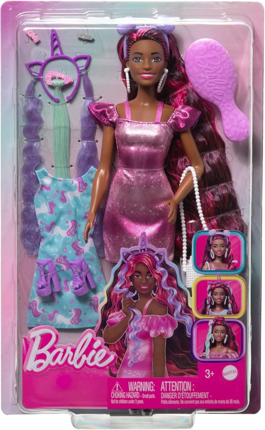 Barbie Totally Hair boneca com cabelo preto extra longo, pente, vestido rosa brilhante e acessórios de moda para o cabelo, brinquedo + 3 anos (JDC86)